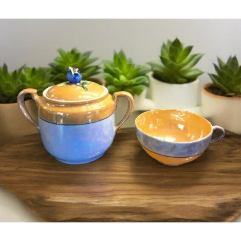 Vintage‎ Noritake Made In Japan Hand Painted Blue Rose Lid Sugar Jar + Mug